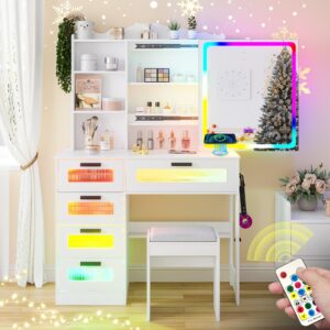 fomney rgb led vanity desk with mirror and lights, makeup vanity desk with 3-in-1 charging station, vanity set with stool＆sliding touch mirror, makeup dressing table with 5 drawers (white)