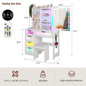 FOMNEY RGB LED Vanity Desk with Mirror and Lights, Makeup Vanity Desk with 3-in-1 Charging Station, Vanity Set with Stool＆Sliding Touch Mirror, Makeup Dressing Table with 5 Drawers (White)