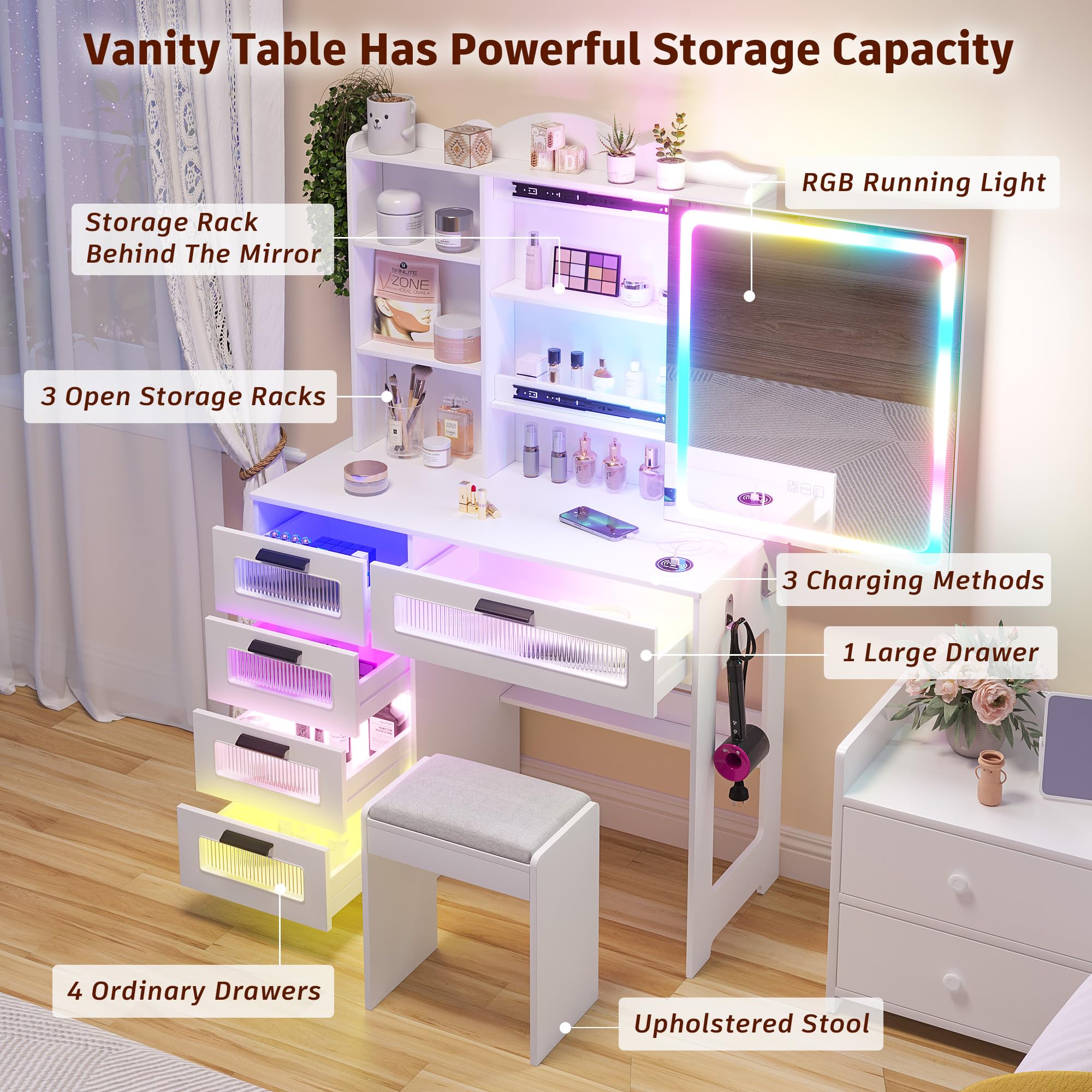 FOMNEY RGB LED Vanity Desk with Mirror and Lights, Makeup Vanity Desk with 3-in-1 Charging Station, Vanity Set with Stool＆Sliding Touch Mirror, Makeup Dressing Table with 5 Drawers (White)