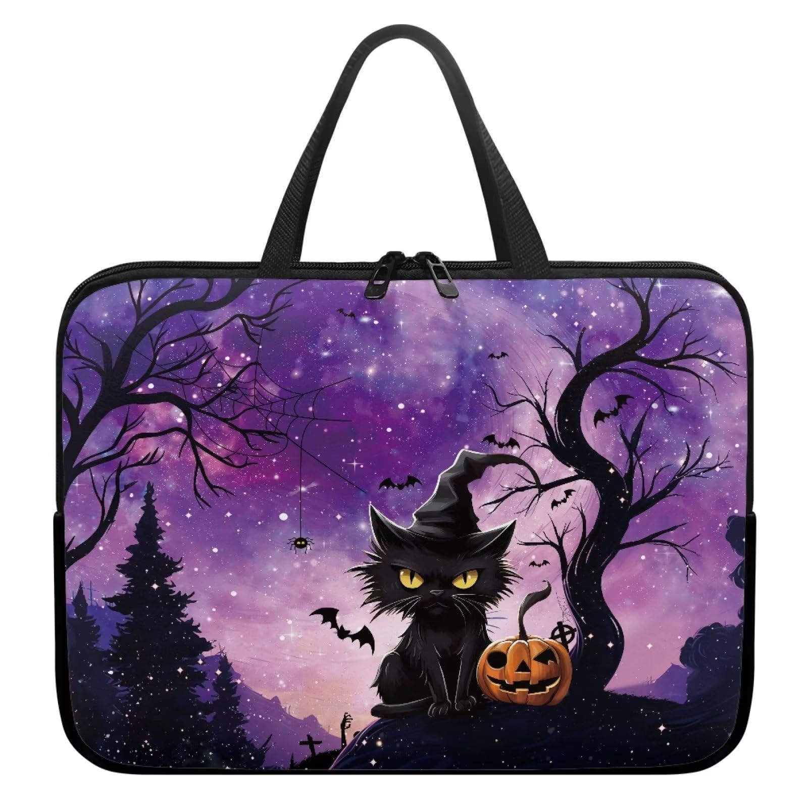 Psaytomey Halloween Cat Purple Laptop Sleeves Lightweight Computer Tote Bag Tablet Carrying Case Neoprene Laptop Cover Handbag Briefcase Shoulder Bag