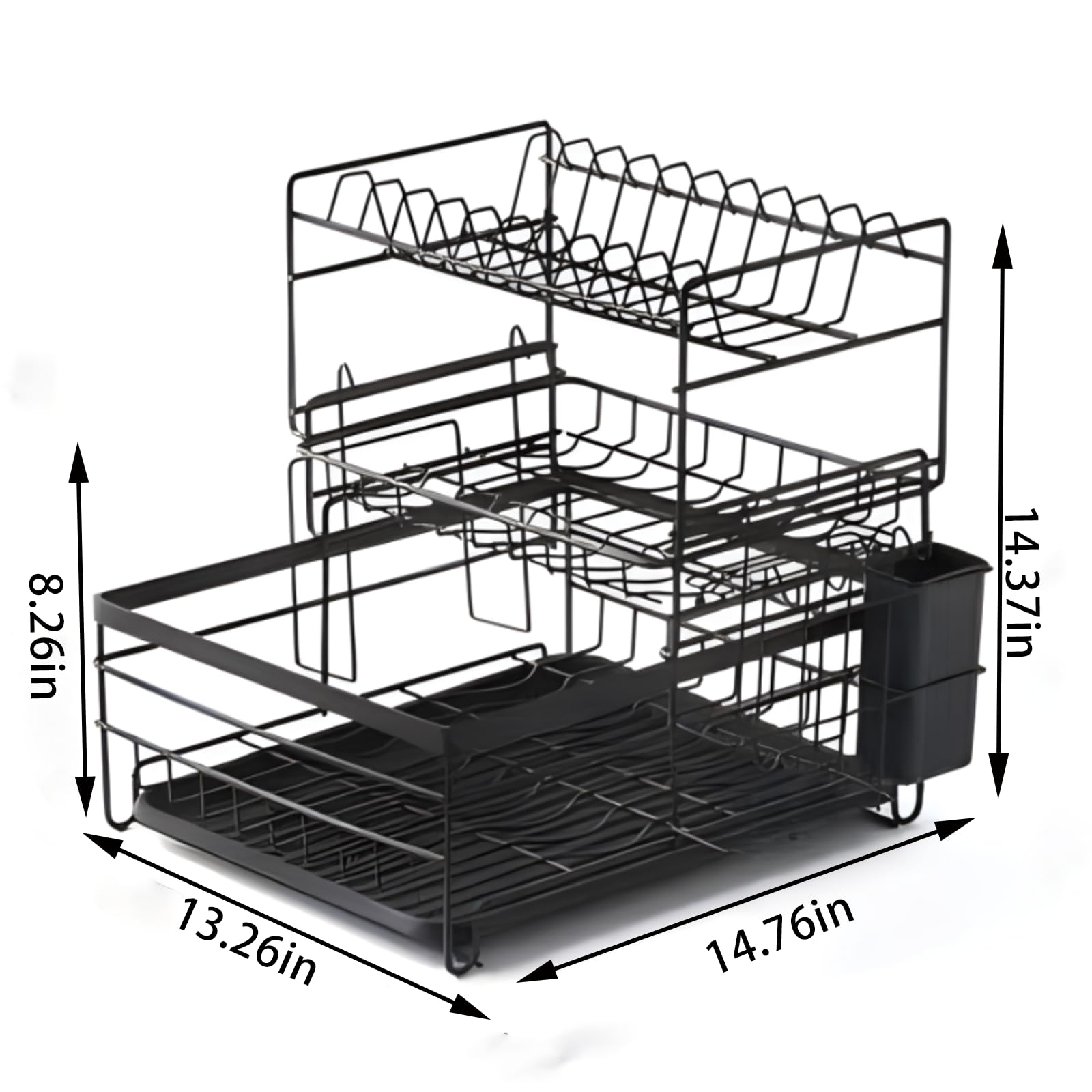 ClearTone 3 Tier Dish Drying Racks, Black Dish Drying Rack for Kitchen Counter, Stainless Steel Dish Strainers for Kitchen Counter with Drainboard Pan Slots and Utensil Holder，Black