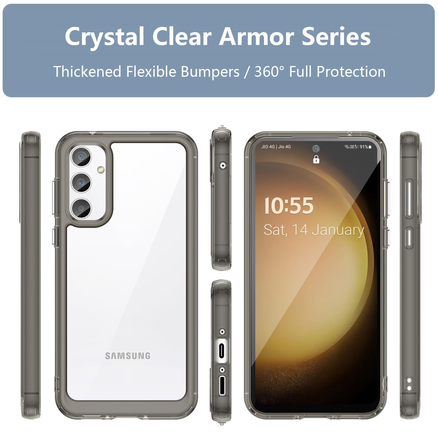 for Samsung S23 FE Case, Samsung Galaxy S23 FE 5G Case, with[Tempered Glass Screen Protector][Built-in 4 Airbags][Not-Yellowing] Military-Grade Shockproof Case for Galaxy S23 FE, Clear-Black