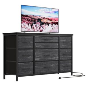 jojoka wide dresser with 10 large drawers for 55'' long tv stand with power outlet entertainment center, storage fabric drawer unit for bedroom, closet, entryway, sturdy metal frame, black willow