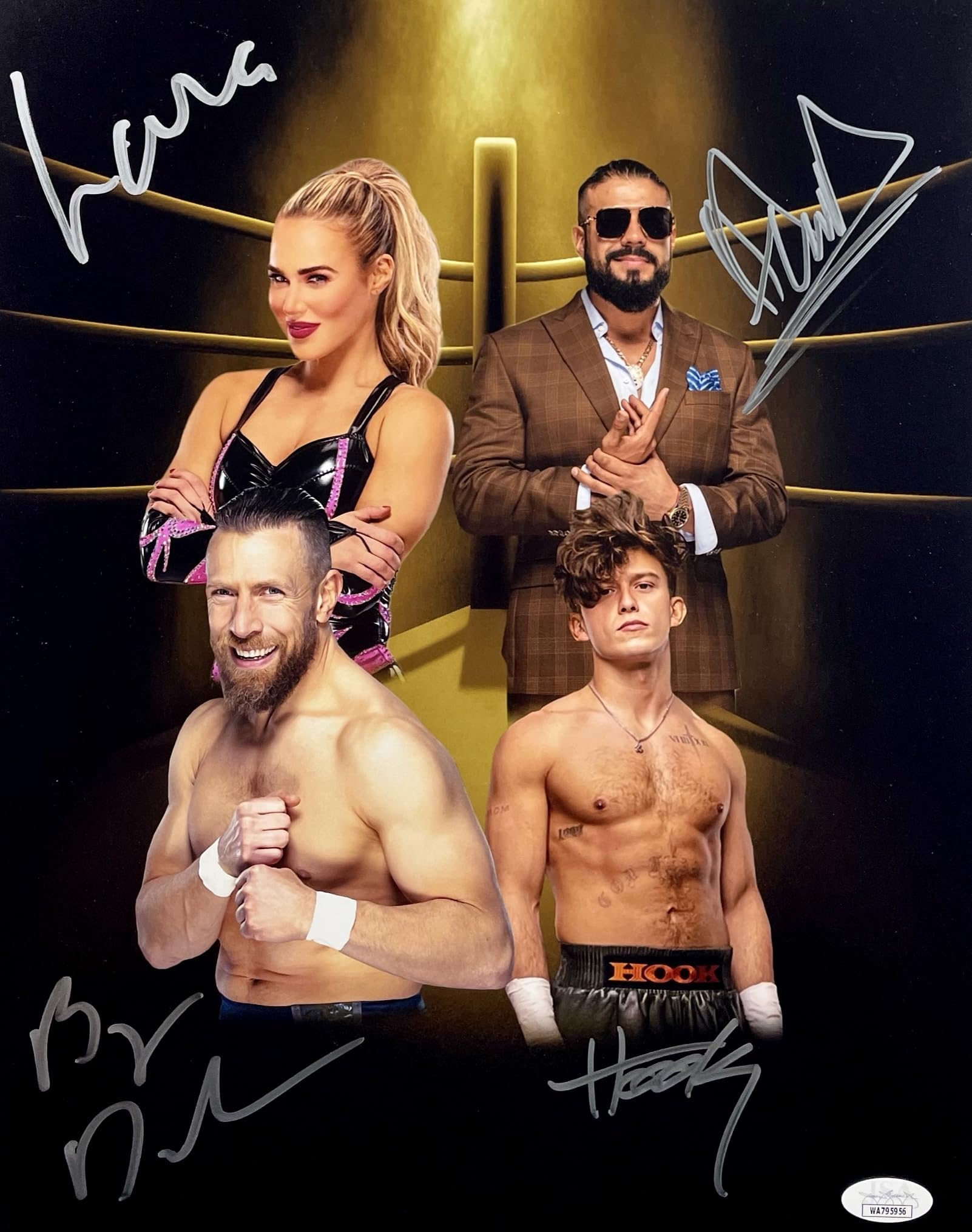 Brian Danielson, Lana, Andrade, Hook Signed Autographed 11" x 14" PHOTO AEW WRESTLING JSA WITNESSED CERTIFIED AUTHENTIC WA795956