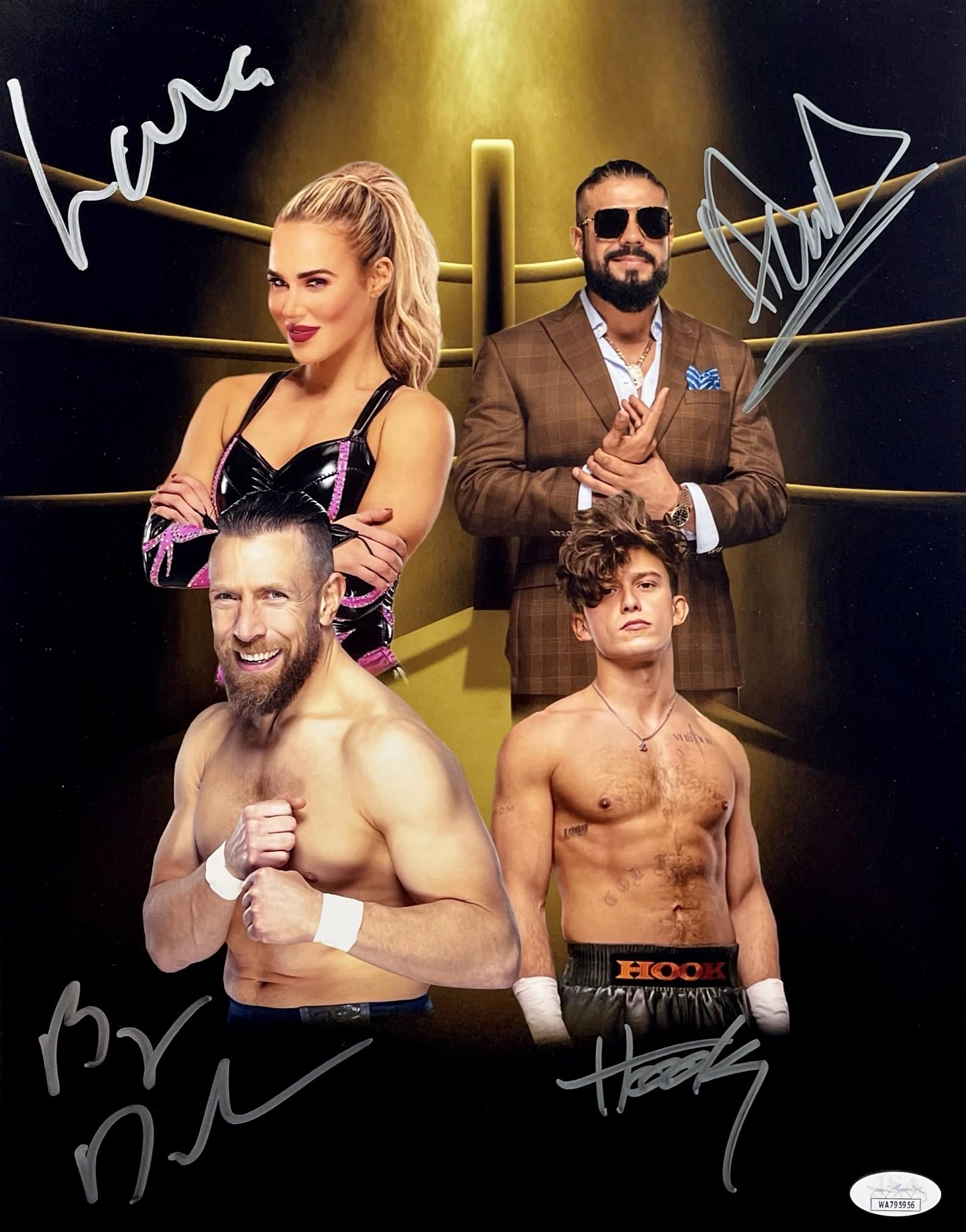 Brian Danielson, Lana, Andrade, Hook Signed Autographed 11" x 14" PHOTO AEW WRESTLING JSA WITNESSED CERTIFIED AUTHENTIC WA795956