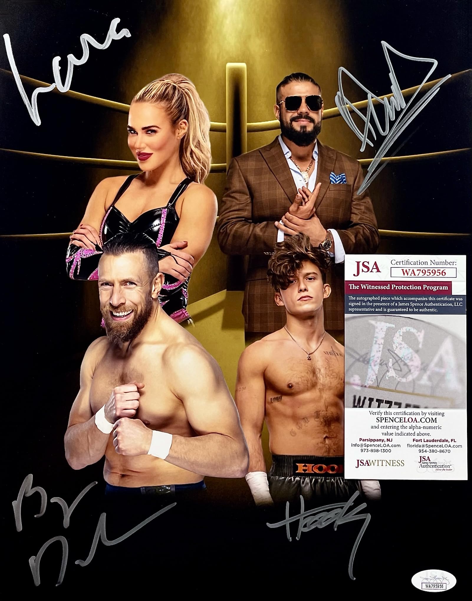 Brian Danielson, Lana, Andrade, Hook Signed Autographed 11" x 14" PHOTO AEW WRESTLING JSA WITNESSED CERTIFIED AUTHENTIC WA795956