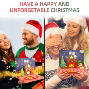 MZD8391 Upgraded Animated Santa Projections Christmas Cards, 3D Pop Up Christmas Gift Greeting Cards with Music & Lights, Music Play We Wish You A Merry Christmas for Christmas Holiday