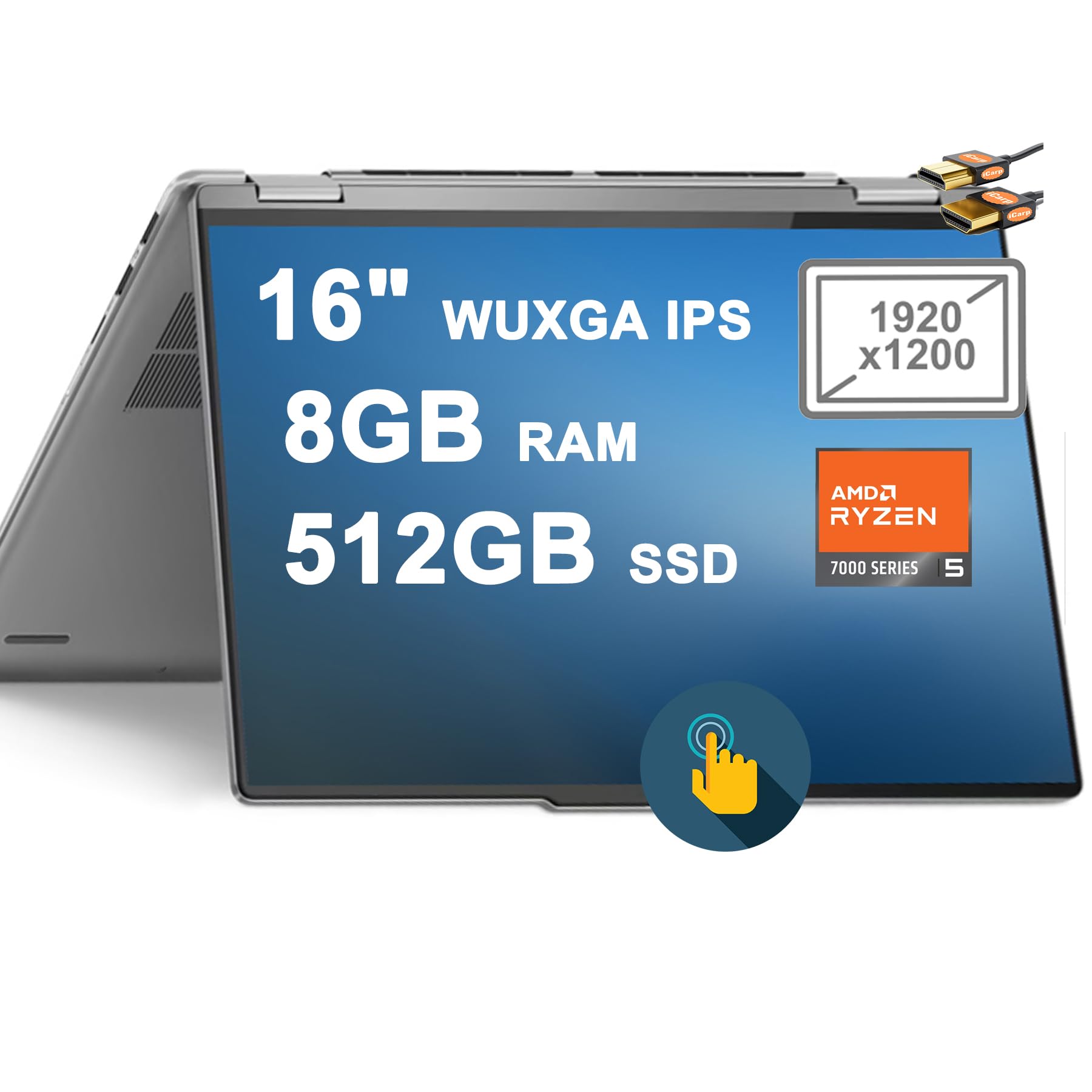 Lenovo Yoga 7 16 2-in-1 Laptop 16"" WUXGA IPS Touchscreen AMD Hexa-Core Ryzen 5 7535U (Beats i7-1255U) 8GB RAM 512GB SSD Radeon 660M Graphic Backlit Fingerprint Reader Win11 + HDMI Cable, Gray