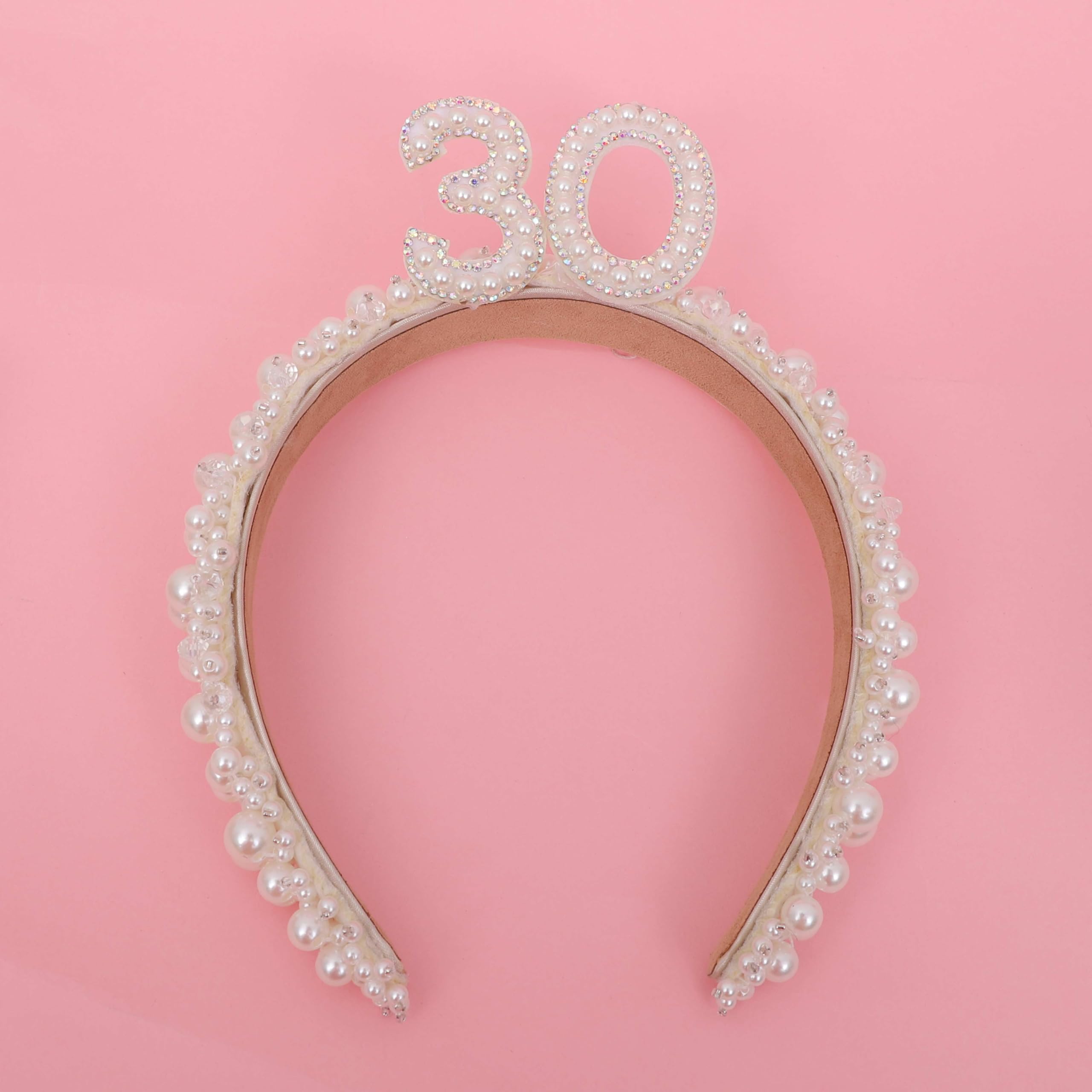 RSOLIET 30th Birthday Pearl Jewel Embellished Headband - 30th Birthday Outfit For Women,Rhinestone Headband With Peals For 30th Birthday Decorations