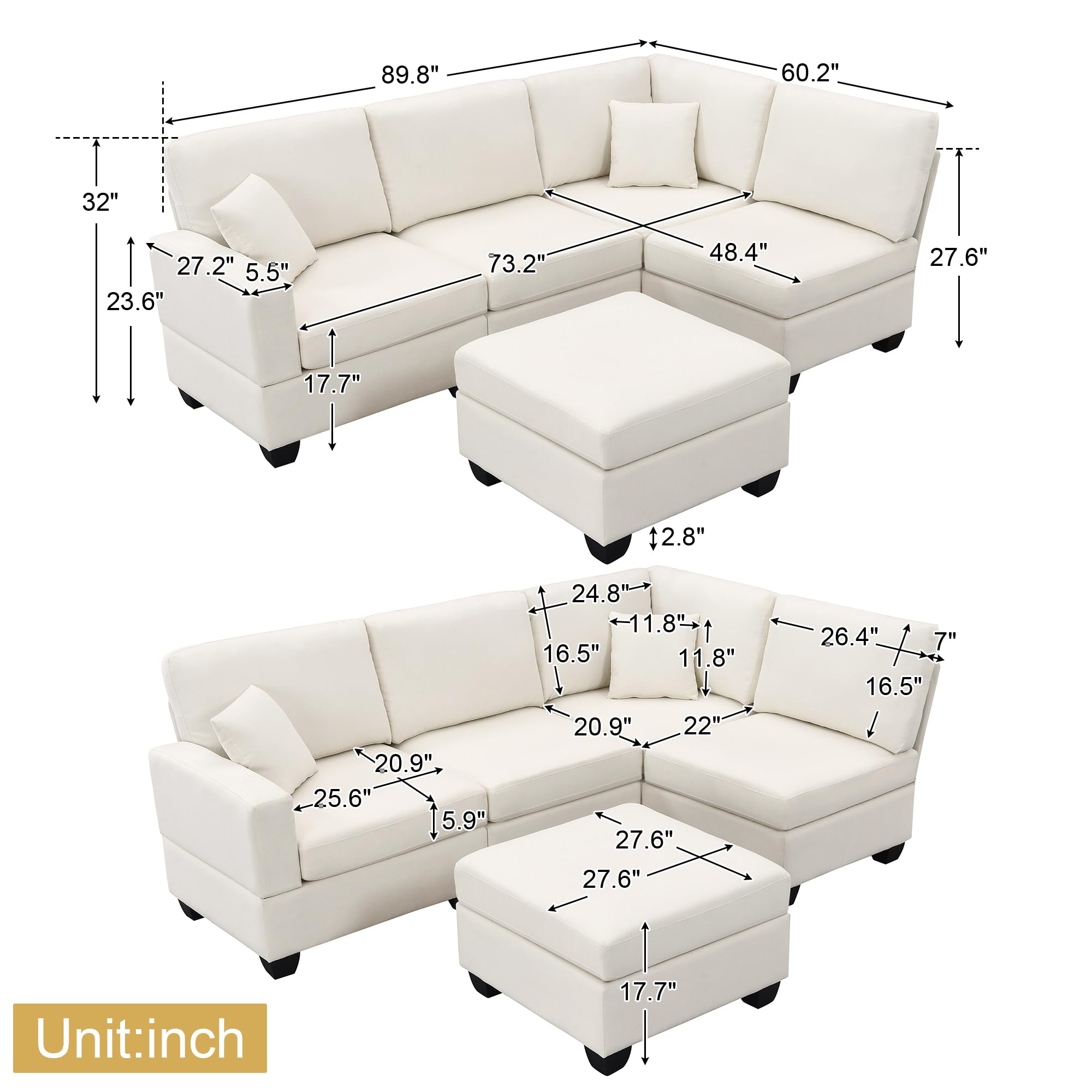 Merax Modern Sectional Sofa, 5-Seat Modular Couch Set with Convertible Ottoman, L-Shape Linen Fabric Corner Couch Set with 2 Pillows for Living Room/Apartment/Office, Beige