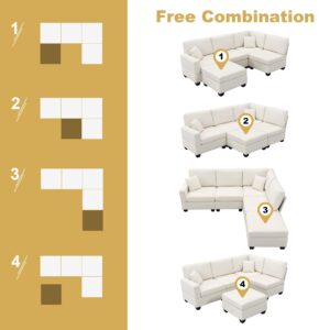 Merax Modern Sectional Sofa, 5-Seat Modular Couch Set with Convertible Ottoman, L-Shape Linen Fabric Corner Couch Set with 2 Pillows for Living Room/Apartment/Office, Beige