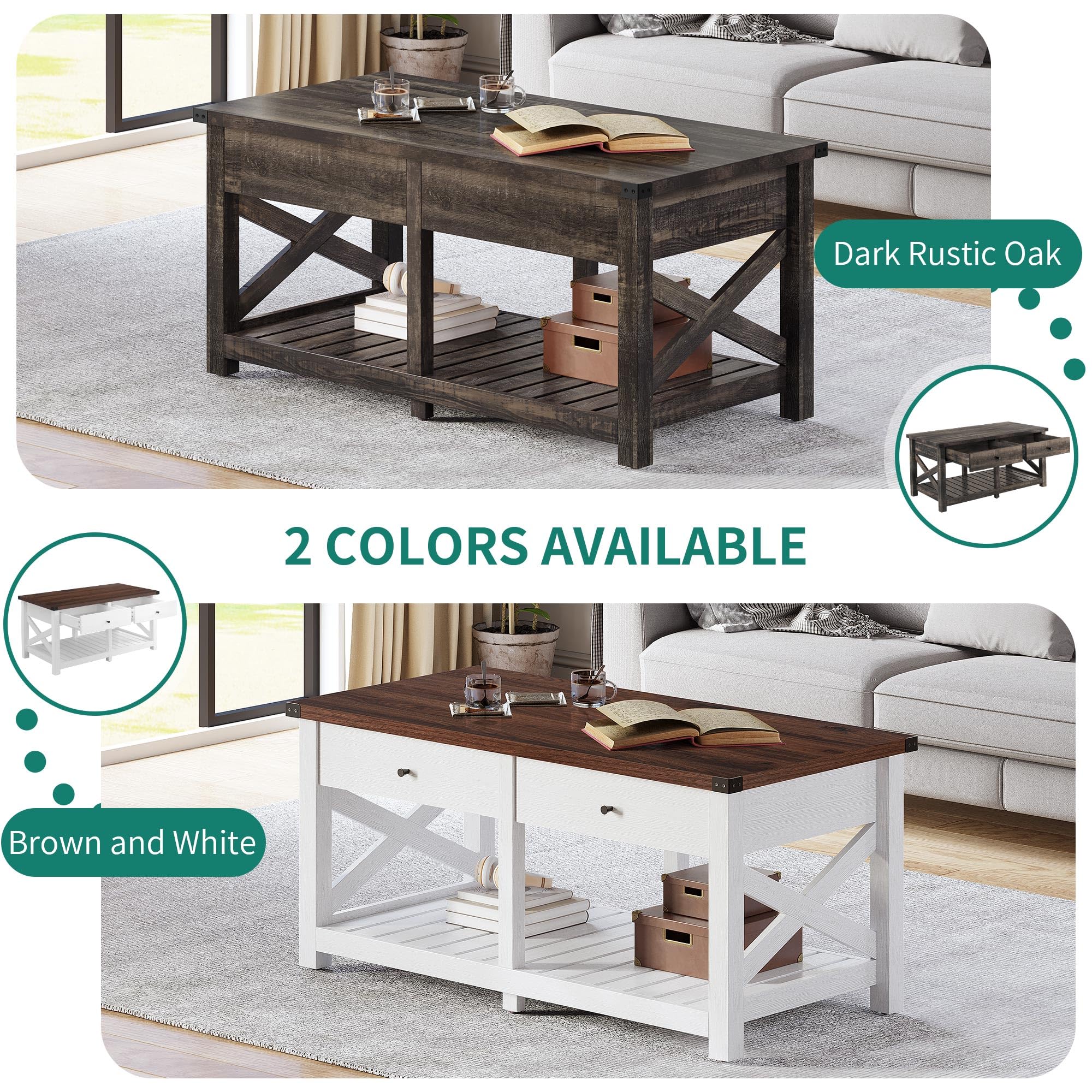 YITAHOME Coffee Tables for Living Room,Farmhouse Coffee Table with Storage,Wood Rustic Cocktail Table with 2 Cabinets,Industrial Center Table with Sturdy Shelf,Dark Rustic Oak