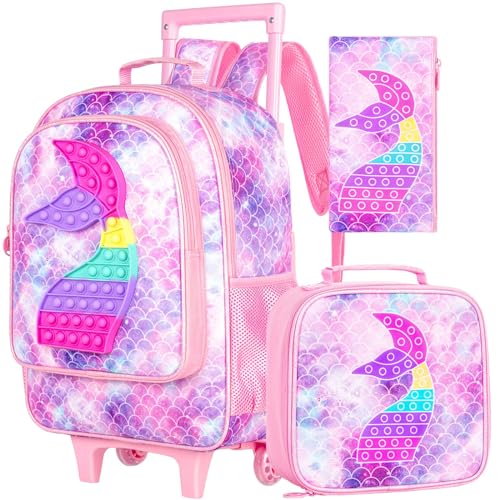 4PCS Rolling Backpack for Girls, Kids Mermaid Roller Backpacks with Wheels for Kids, Wheeled Bookbag Set for Toddler Elementary School