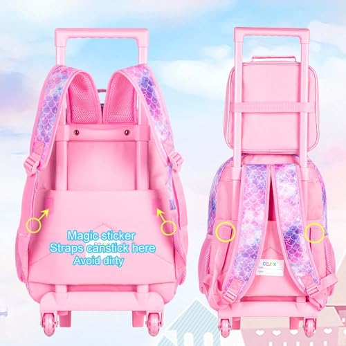 4PCS Rolling Backpack for Girls, Kids Mermaid Roller Backpacks with Wheels for Kids, Wheeled Bookbag Set for Toddler Elementary School