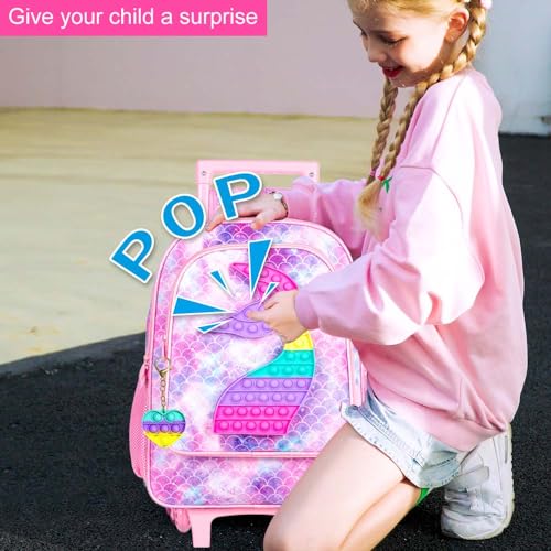 4PCS Rolling Backpack for Girls, Kids Mermaid Roller Backpacks with Wheels for Kids, Wheeled Bookbag Set for Toddler Elementary School