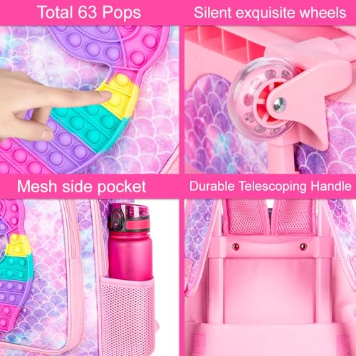 4PCS Rolling Backpack for Girls, Kids Mermaid Roller Backpacks with Wheels for Kids, Wheeled Bookbag Set for Toddler Elementary School