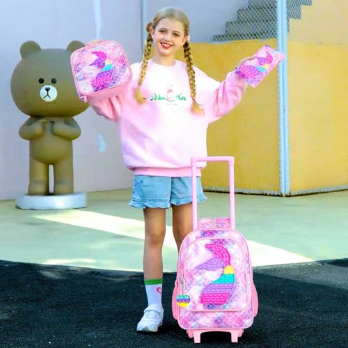 4PCS Rolling Backpack for Girls, Kids Mermaid Roller Backpacks with Wheels for Kids, Wheeled Bookbag Set for Toddler Elementary School