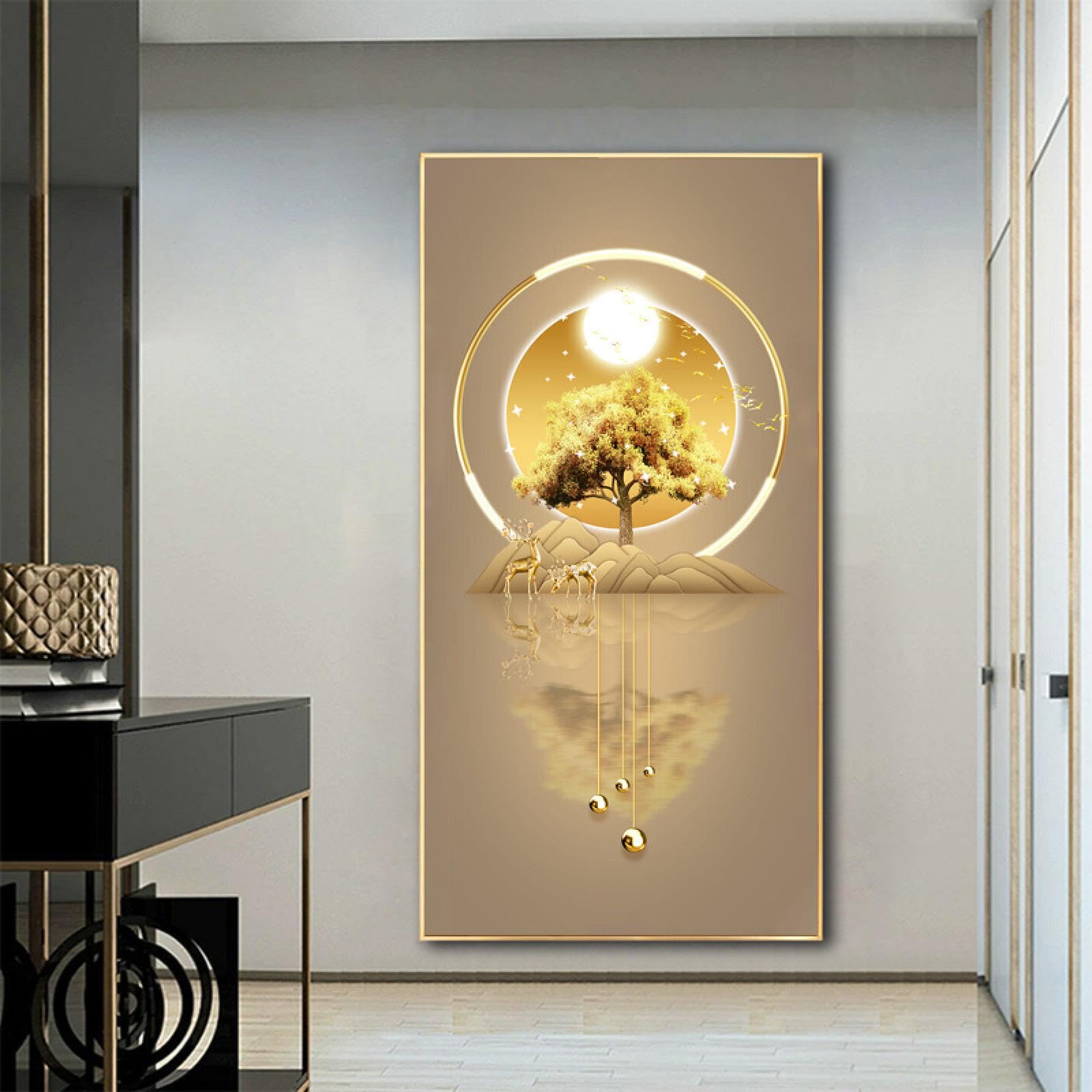 Large Abstract Luxury Entrance Painting Wall Art Picture Modern Golden Tree Deer Posters for Living Room Home Decoration 95x190cm/37x75inch With Golden Framed Ready to Hang