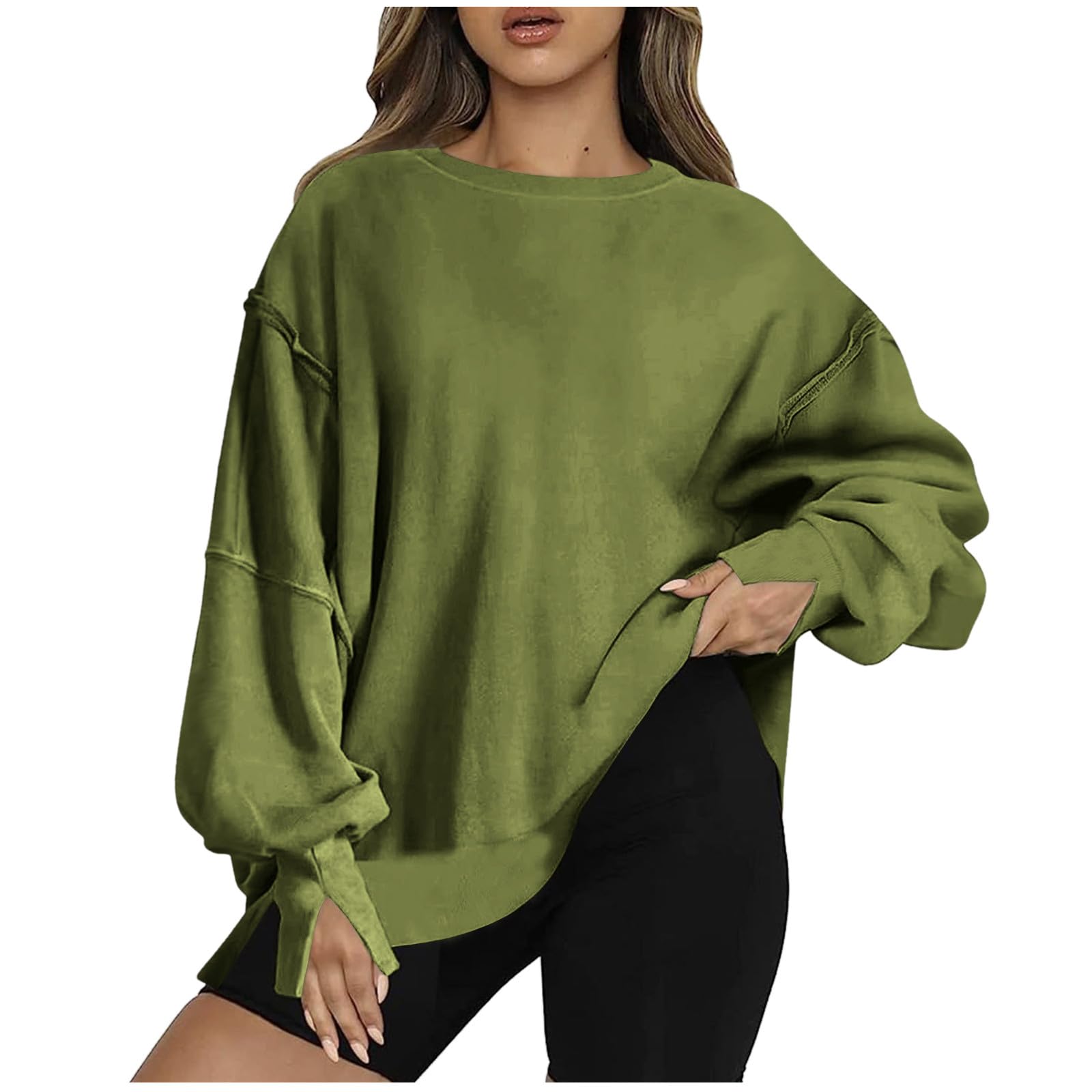 SMIDOW prime deals day Womens Oversized Crewneck Sweatshirts Hoodies Fall 2023 Fashion Warm Y2k Clothes Casual Slit Sloucthy Pullover Tops Oversized Crewneck Sweatshirt Army Green