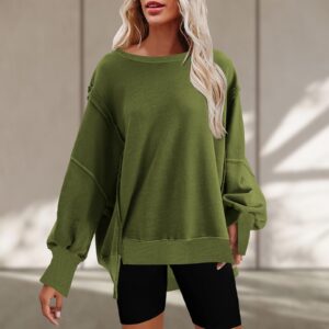 SMIDOW prime deals day Womens Oversized Crewneck Sweatshirts Hoodies Fall 2023 Fashion Warm Y2k Clothes Casual Slit Sloucthy Pullover Tops Oversized Crewneck Sweatshirt Army Green