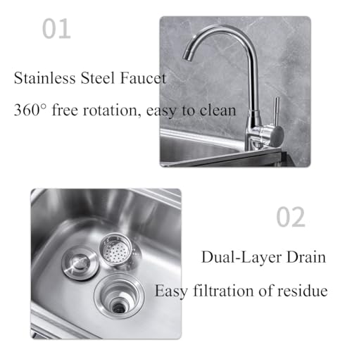 Commercial Kitchen Sink, Outdoor Garden Sink with Faucet and Storage Shelf, Free Standing Stainless Steel Washing Hand Basin for Restaurant, Bar, Camping (Size : 52x38cm(20x15inch))