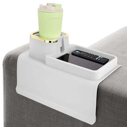 LifeBox Couch Cup Holder Tray & Coffee Cup - Silicone Sofa Cup Holder Couch Arm Rest - Cup Holder Couch Caddy - Cup Holder for Recliner Chair Arm - Couch Remote Holder for Couch Arm Table White