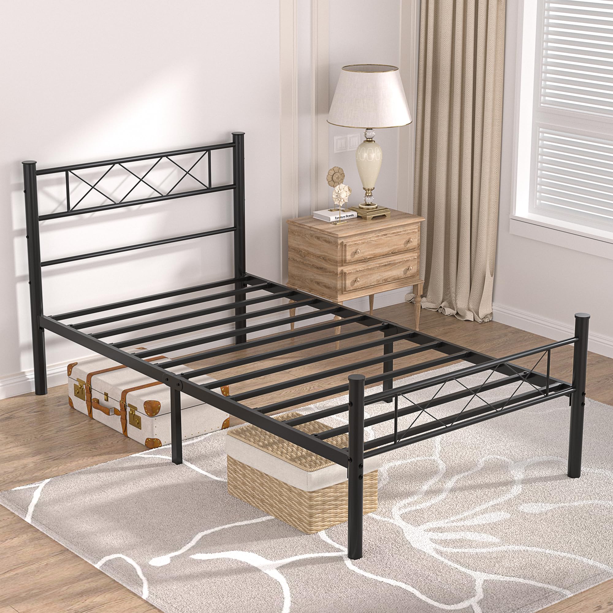 VECELO Twin Size Bed Frame with Headboard, Heavy-Duty Platform/Mattress Foundation with Metal Slats Support, No Box Spring Needed/Easy Assembly, Matte Black