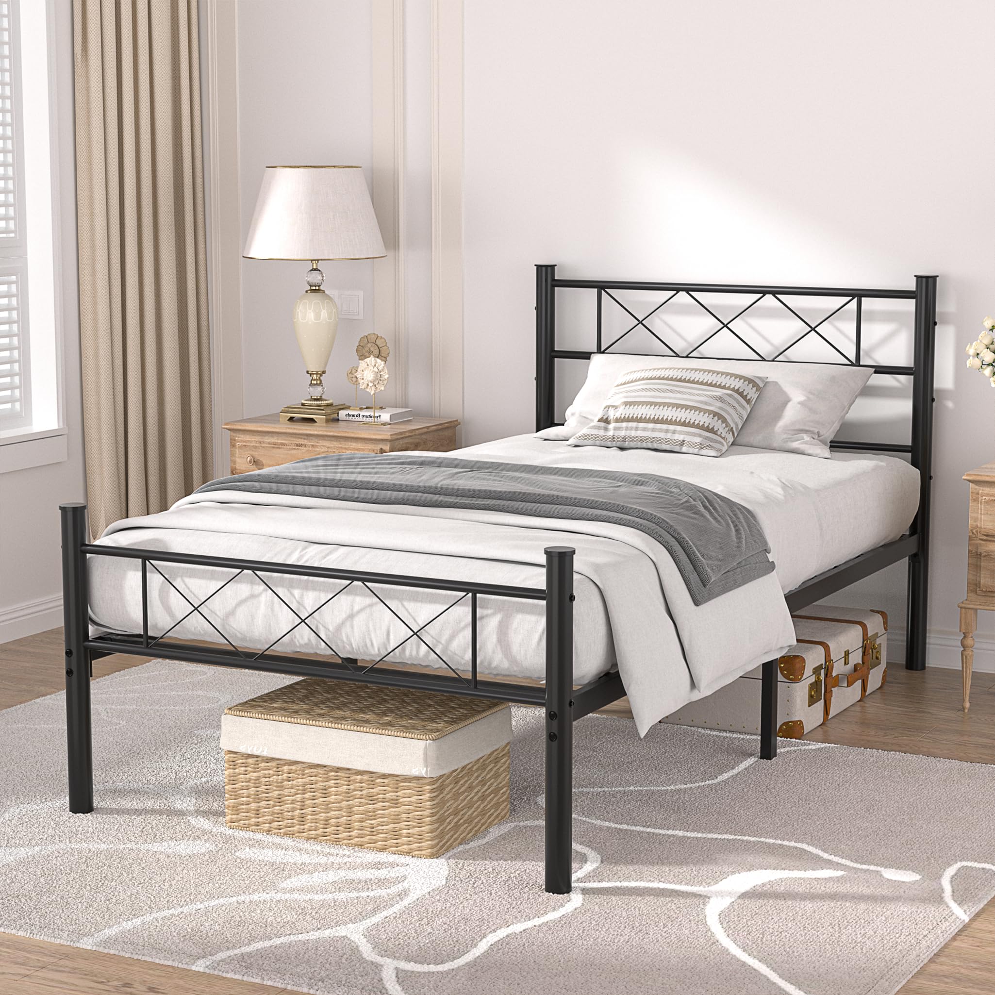 VECELO Twin Size Bed Frame with Headboard, Heavy-Duty Platform/Mattress Foundation with Metal Slats Support, No Box Spring Needed/Easy Assembly, Matte Black