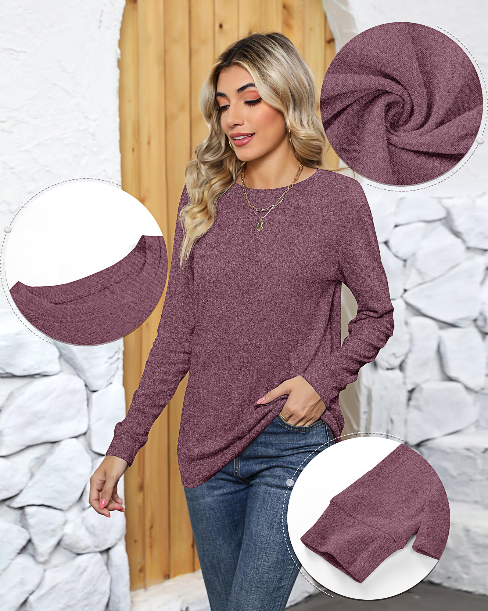 Ficerd 2 Pack Women's Casual Sweatshirts, Long Sleeve Cotton Shirts Loose Fit Lightweight Crew Neck Basic Tops Cute Pullover (Navy Blue, Wine Red,Large)