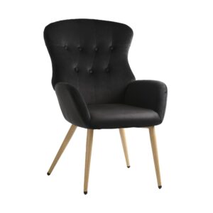 homedraft velvet accent chair, button tufted reading chair with large tall wing back, comfy upholstered vanity chair with metal legs, black