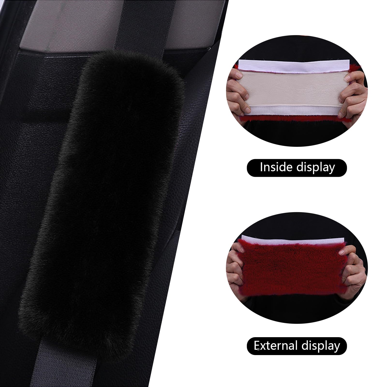 QODOLSI Pack-2 Car Seat Belt Pads, Fluffy Shoulder Pads, Self-Adhesive Auto Protective Pads, Soft Faux Rabbit Plush Pads, Backpack Strap Cover, Universal for Most Cars, Trucks, SUVs (Black)