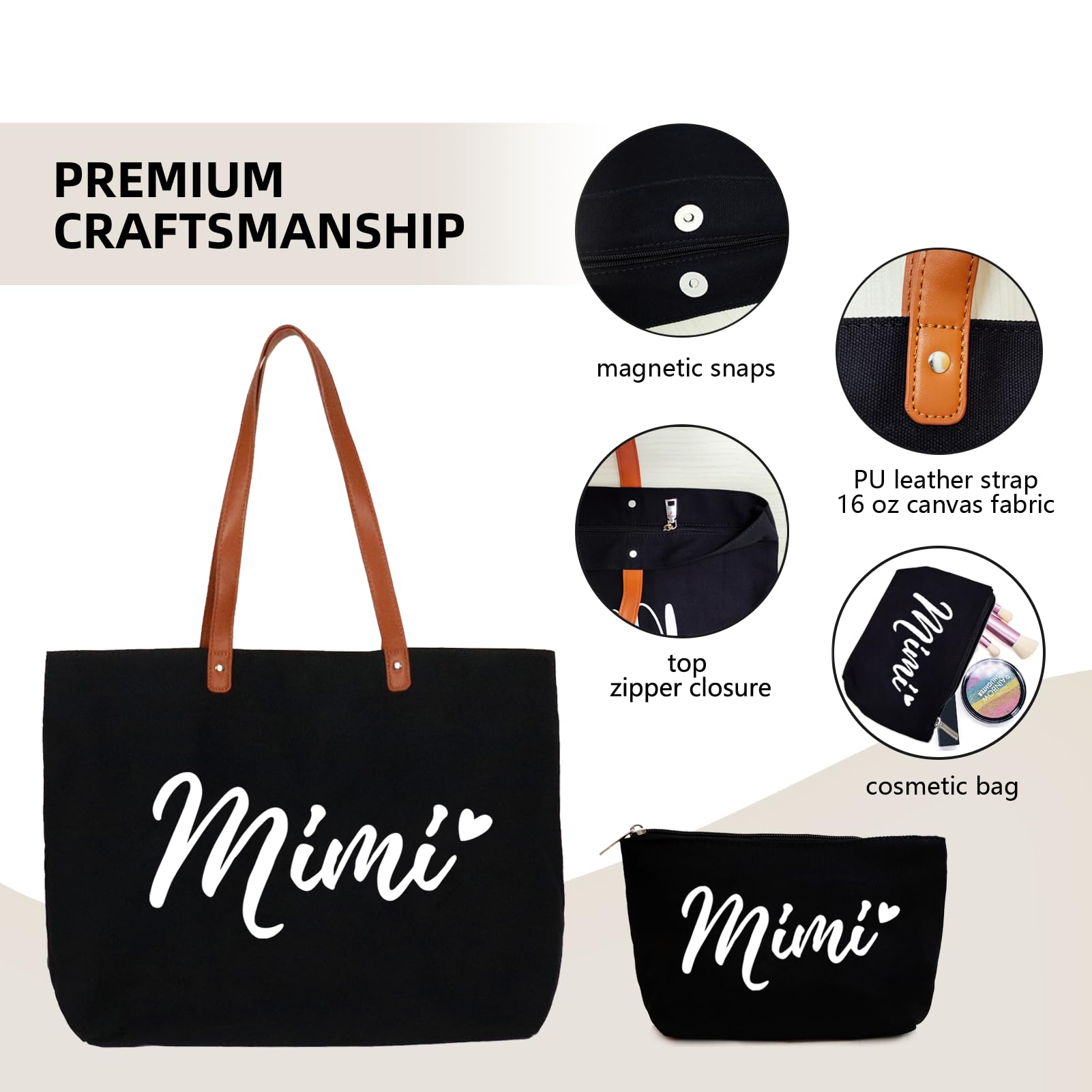 Lamyba Mothers Day Gifts for Mimi, Mini Gifts, Gifts for Mimi Grandma, Mimi Birthday Gifts, Mimi Tote Bag with Zipper, Black