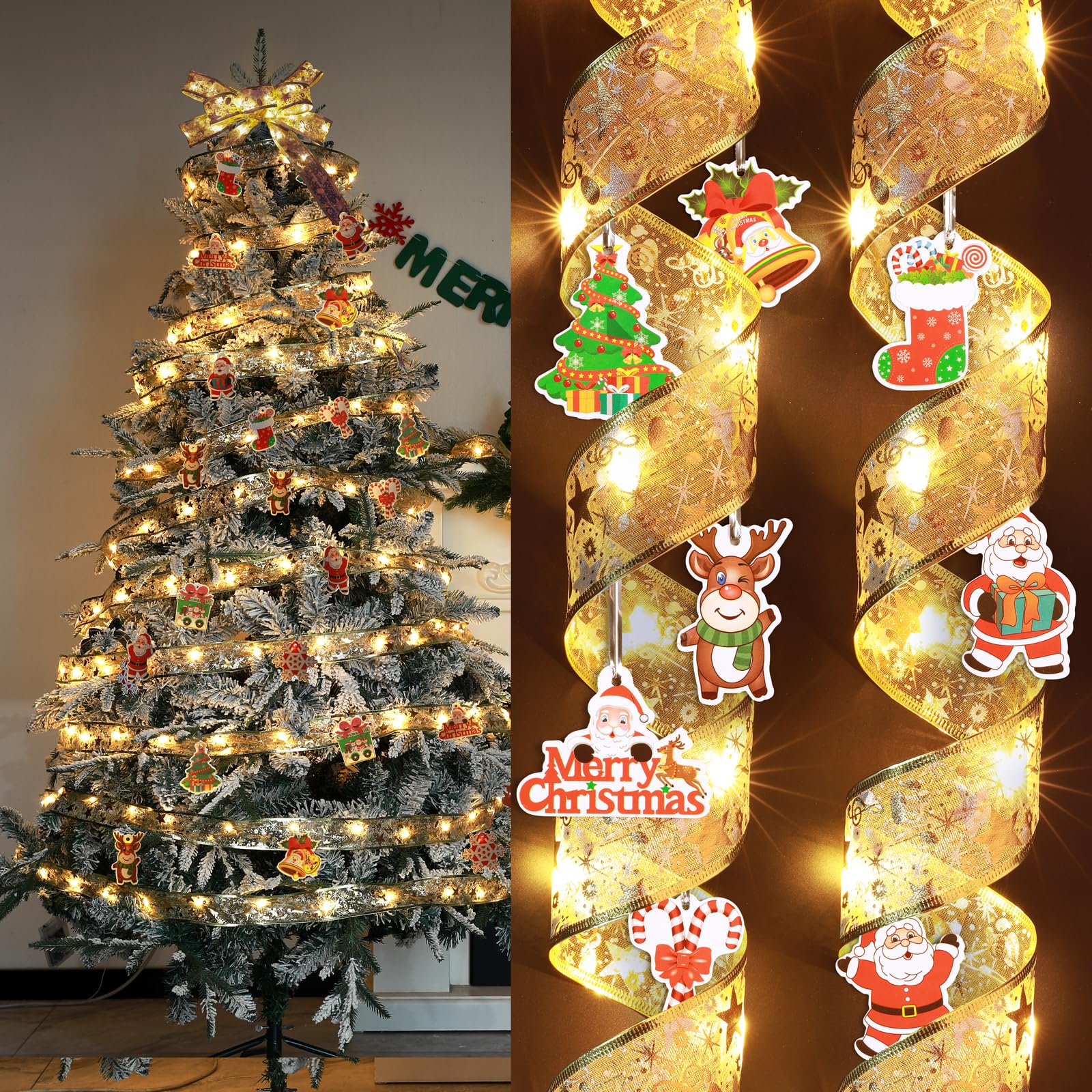 ruhotili Christmas Decorations, 33Ft/ 2Pcs Gloden Fairy Lights Battery Operated String Lights Copper Wire Ribbon Bows Christmas Lights with 20 Pcs Cute Christmas Ornaments & Christmas Decor for Party