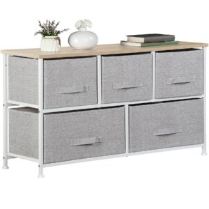 super deal 5 drawer dresser for bedroom fabric chest of drawers for closet wide clothes storage organizer with heavy duty steel frame and wood top, light grey