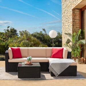 Greesum 5 Piece Patio Conversation Set Wicker Rattan Furniture Outdoor Sofa with Cushions,Pillows & Glass Table for Porch,Lawn and Yard, Beige