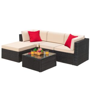 Greesum 5 Piece Patio Conversation Set Wicker Rattan Furniture Outdoor Sofa with Cushions,Pillows & Glass Table for Porch,Lawn and Yard, Beige