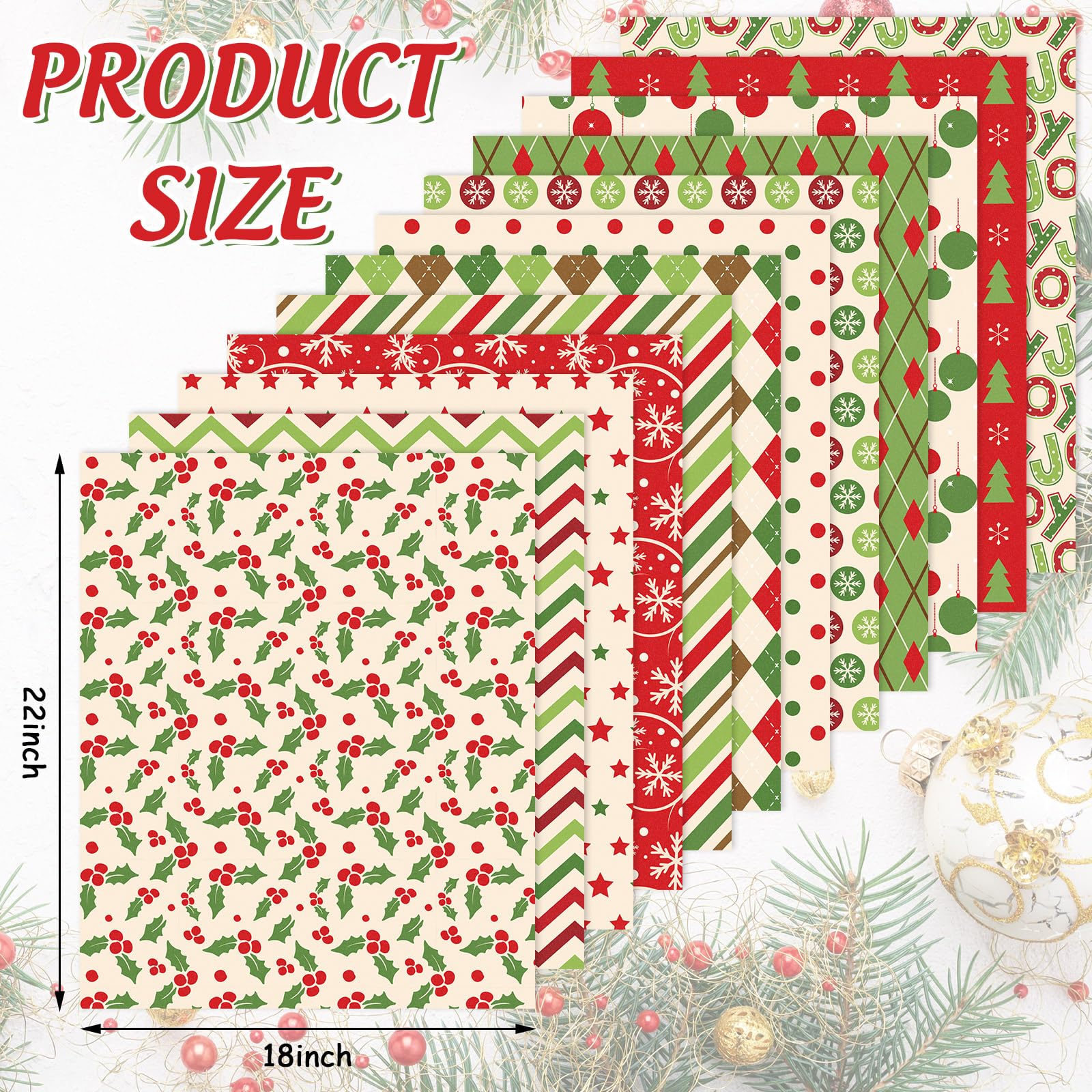 Whaline 12Pcs Christmas Cotton Fabric Bundles Xmas Tree Snowflake Dot Stripe Printed Fat Quarters Holiday Sewing Fabrics for DIY Handmade Crafting, 18 x 22 Inch