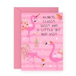 central 23 birthday card for female friends - classy, sassy and a little bit bad assy - pink flamingo greeting card for women - funny gifts for sister girlfriend daughter - comes with stickers