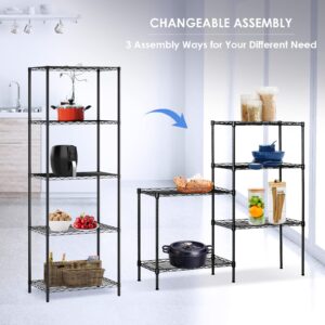 5 Tier Changeable Wire Shelving Rack, Adjustable Metal Shelves for Storage, 5 Tier Black Shelving Unit with Leveling Feet, 11.5"D x 21"W x 59"H, 550Lbs Capacity, For Kitchen, Pantry, Garage, Laundry