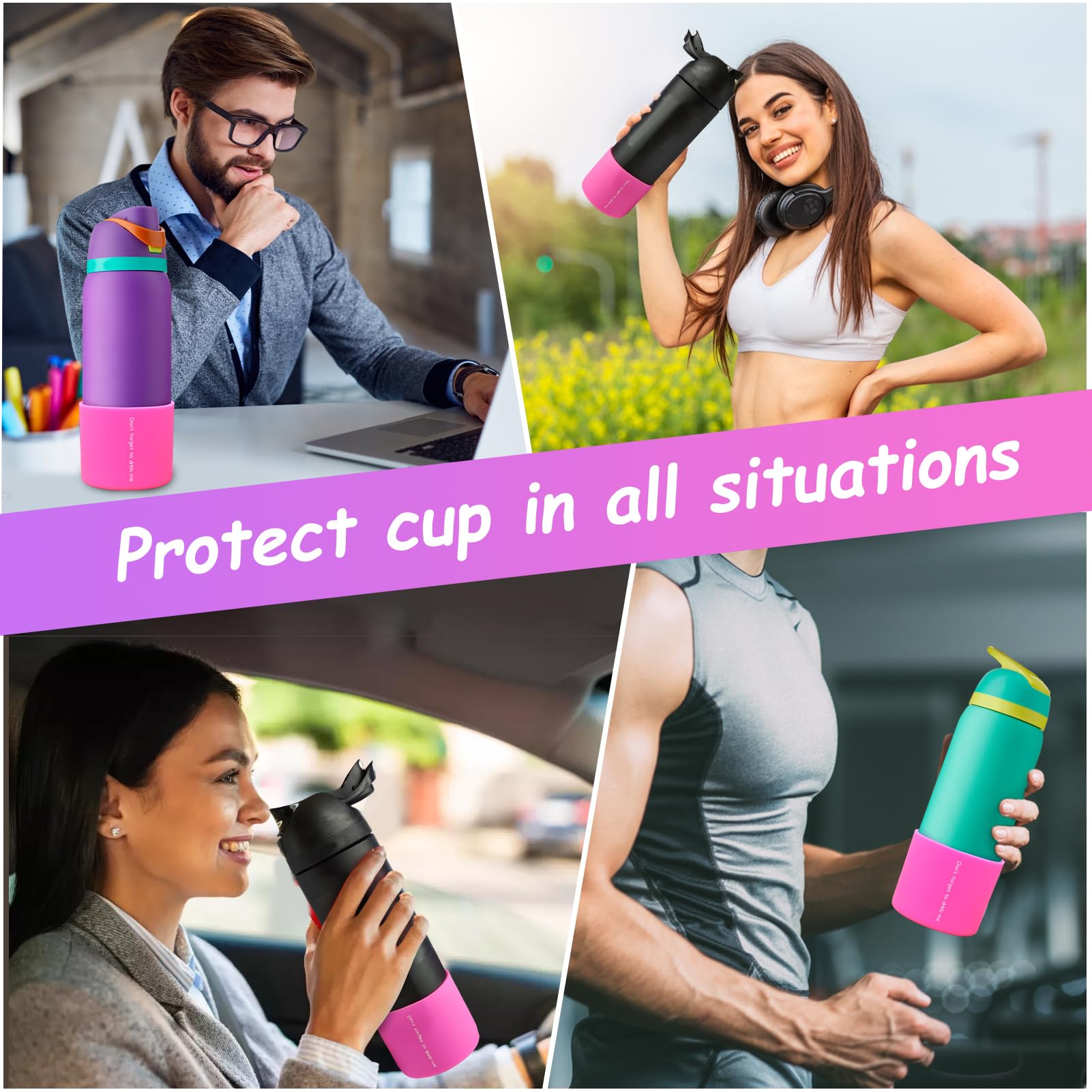 AIERSA 2Pcs Silicone Boot Sleeves Suitable for Owala FreeSip, Twist, Flip 24 oz Water Bottles, Anti-Slip Bottom Bumper Protector, Hot Pink