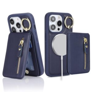 Ｈａｖａｙａ for iphone 14 pro case with card holder iphone 14 pro phone case magsafe compatible for women leather zipper phone wallet detachable 2-in-1 magnetic for men-blue