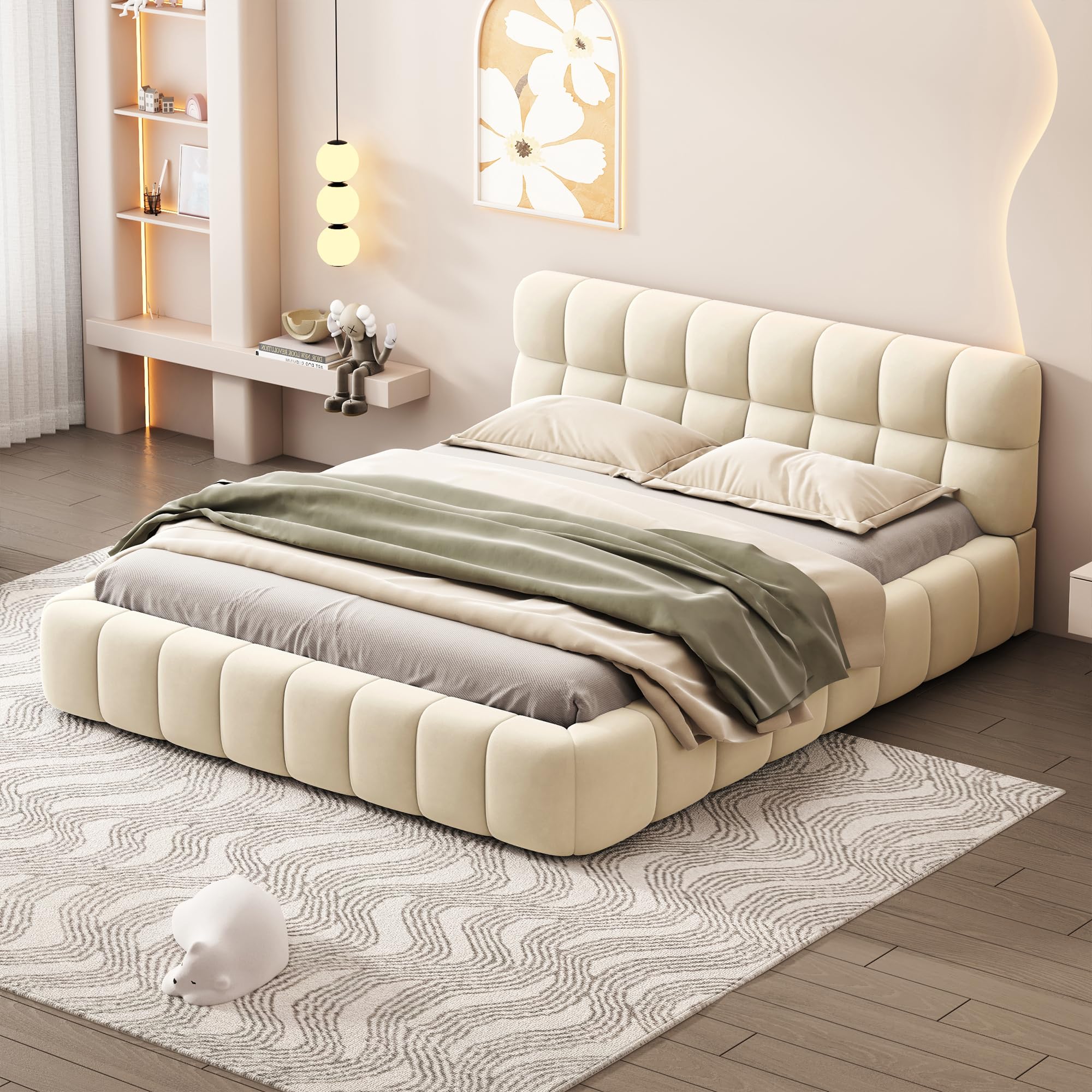 QVUUOU Grounded Bed Upholstered Platform Bed with Unique Design Thick Fabric Headboard, Queen Size Wood Platform Bed Frame for Kids Adults Bedroom Furniture, Linen Upholstered Bed Floor Bed (Beige)