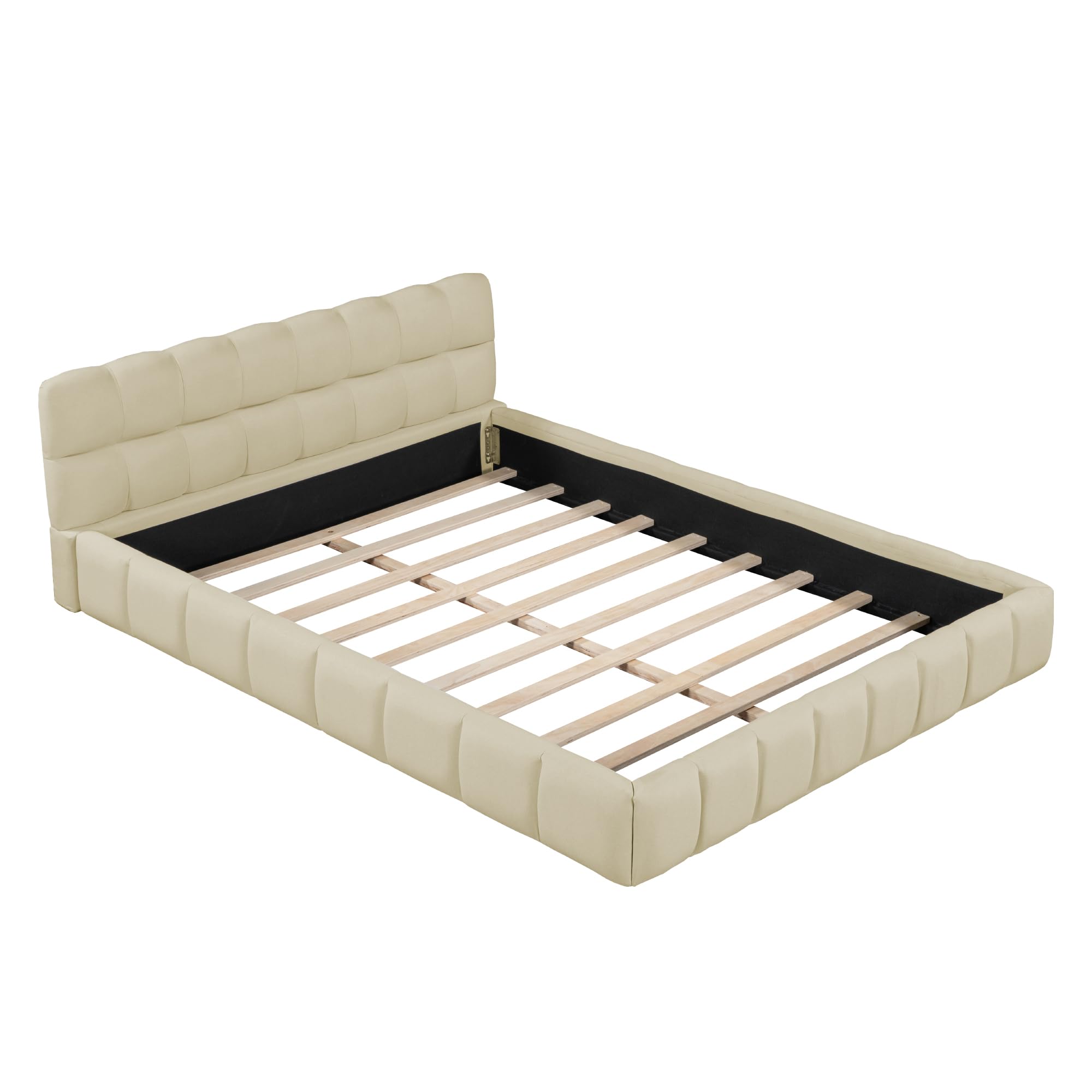 QVUUOU Grounded Bed Upholstered Platform Bed with Unique Design Thick Fabric Headboard, Queen Size Wood Platform Bed Frame for Kids Adults Bedroom Furniture, Linen Upholstered Bed Floor Bed (Beige)