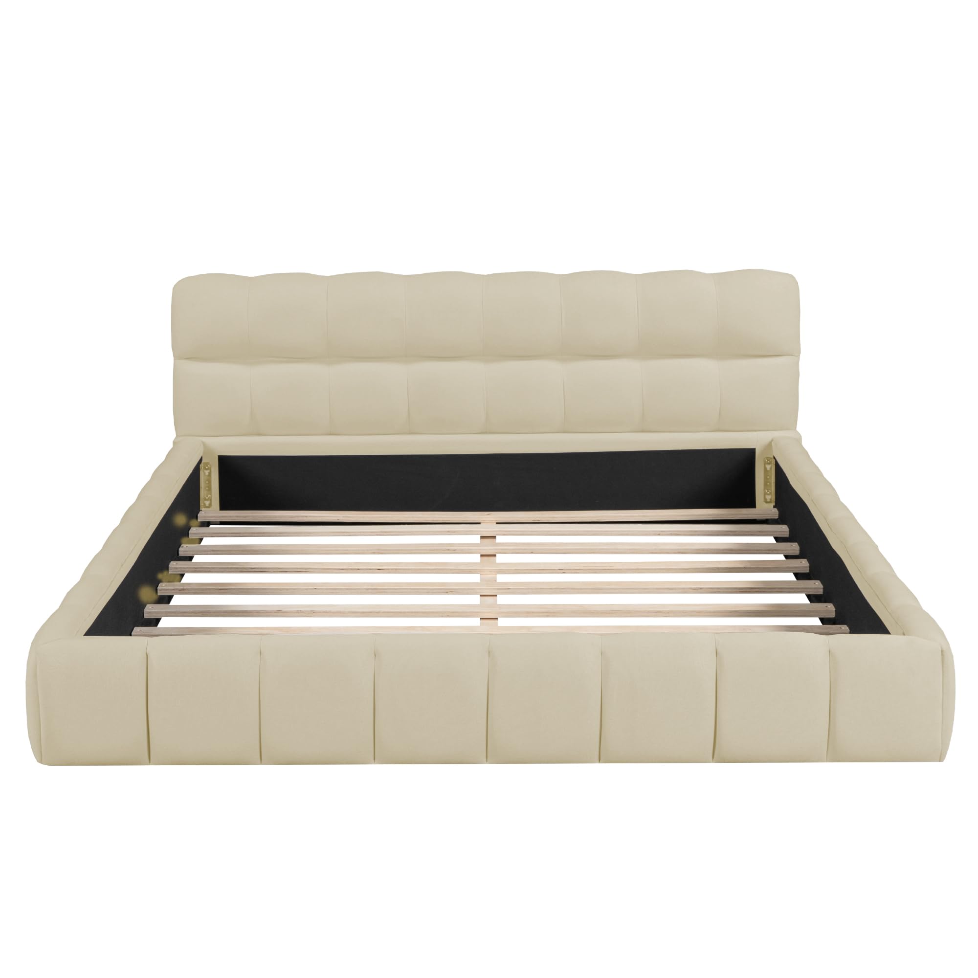 QVUUOU Grounded Bed Upholstered Platform Bed with Unique Design Thick Fabric Headboard, Queen Size Wood Platform Bed Frame for Kids Adults Bedroom Furniture, Linen Upholstered Bed Floor Bed (Beige)