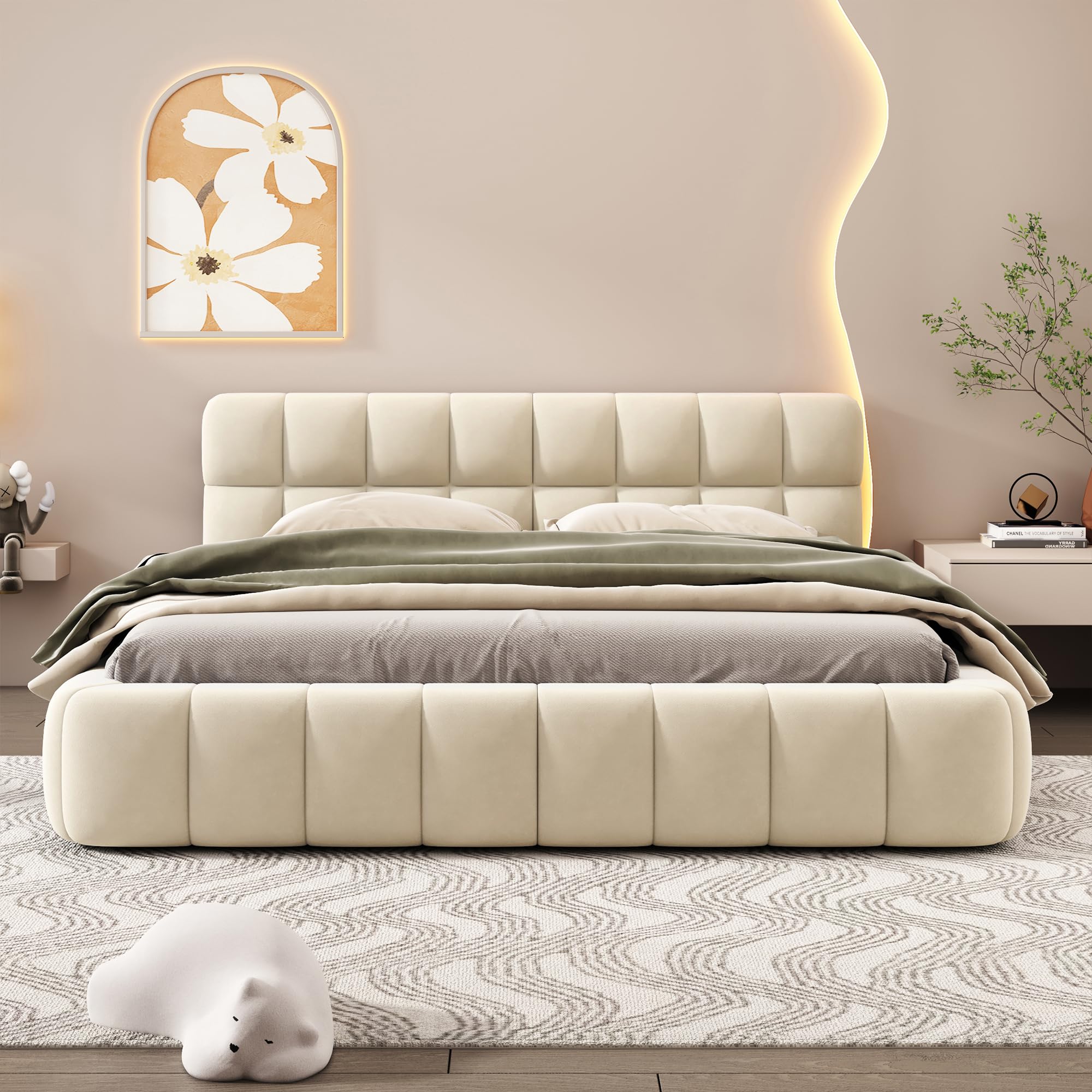 QVUUOU Grounded Bed Upholstered Platform Bed with Unique Design Thick Fabric Headboard, Queen Size Wood Platform Bed Frame for Kids Adults Bedroom Furniture, Linen Upholstered Bed Floor Bed (Beige)