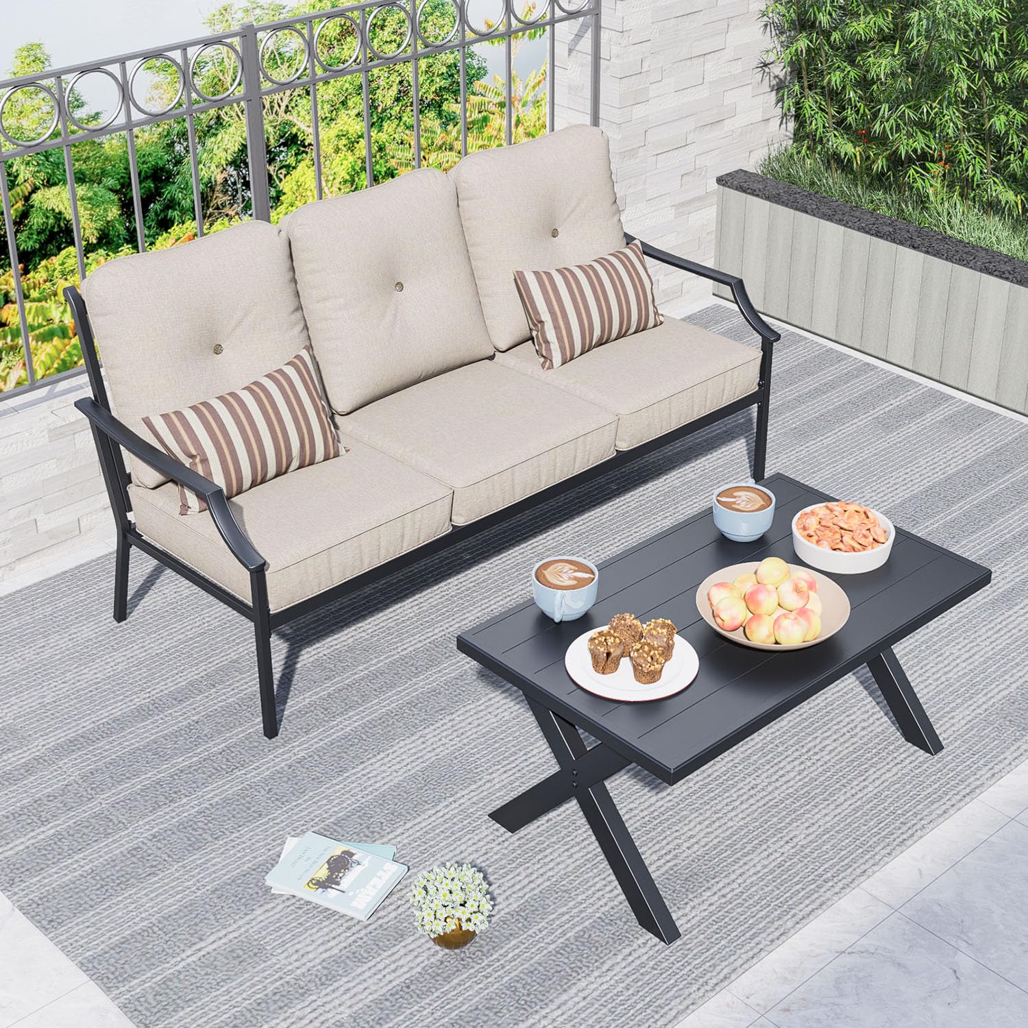 PatioFestival Patio Furniture Sofa, 3-Seat All-Weather Metal Outdoor Patio Furniture with Cushions,Rectangular Coffee Table, Beige