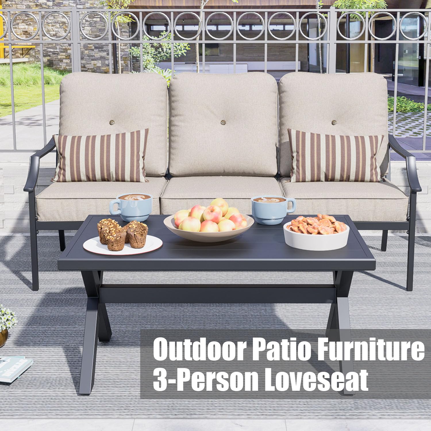 PatioFestival Patio Furniture Sofa, 3-Seat All-Weather Metal Outdoor Patio Furniture with Cushions,Rectangular Coffee Table, Beige