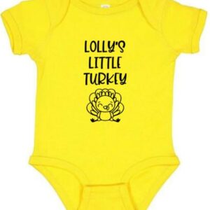 Lolly's Little Turkey Color Infant Bodysuit, Fall Baby Shower Newborn Gift, Pregnancy Reveal Onesie Present, Thanksgiving, Unisex (6M, Short Sleeve, Yellow)