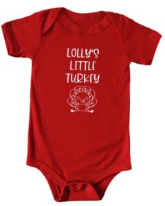 lolly's little turkey color infant bodysuit, fall baby shower newborn gift, pregnancy reveal onesie present, thanksgiving, unisex (6m, short sleeve, yellow)