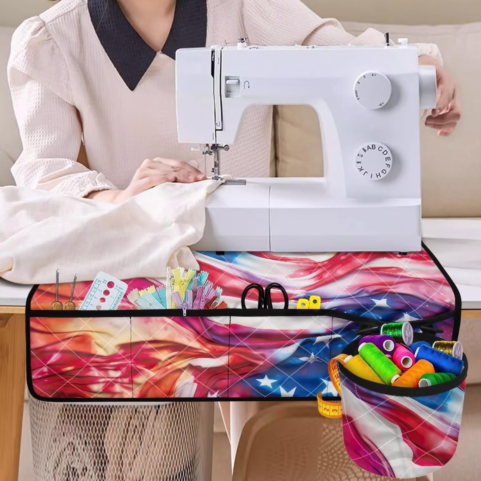 Psesaysky American Flag Sewing Machine Mat Non Slip Lightweight Sewing Machine Pad for Table Dust-proof Pad Organizer with Pockets to Keep Tidy Reduce Vibration